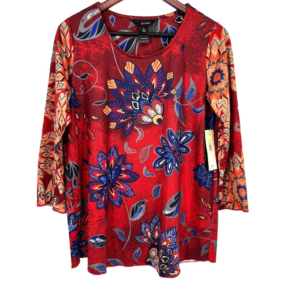 NEW NWT Ali Miles SMALL Red Floral Wearable Art to Wear Blouse Shirt Top Artsy